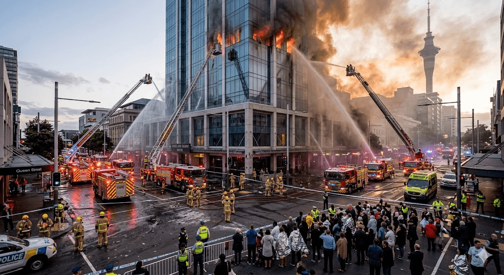 High-Rise Inferno: Emergency Teams Struggle to Control Auckland Hotel Fire