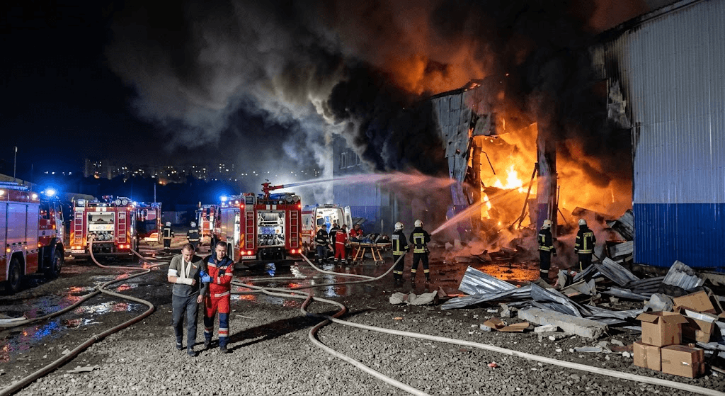 Fiery Russian Attack on Bucha Warehouses Leaves Three Wounded Near Kyiv
