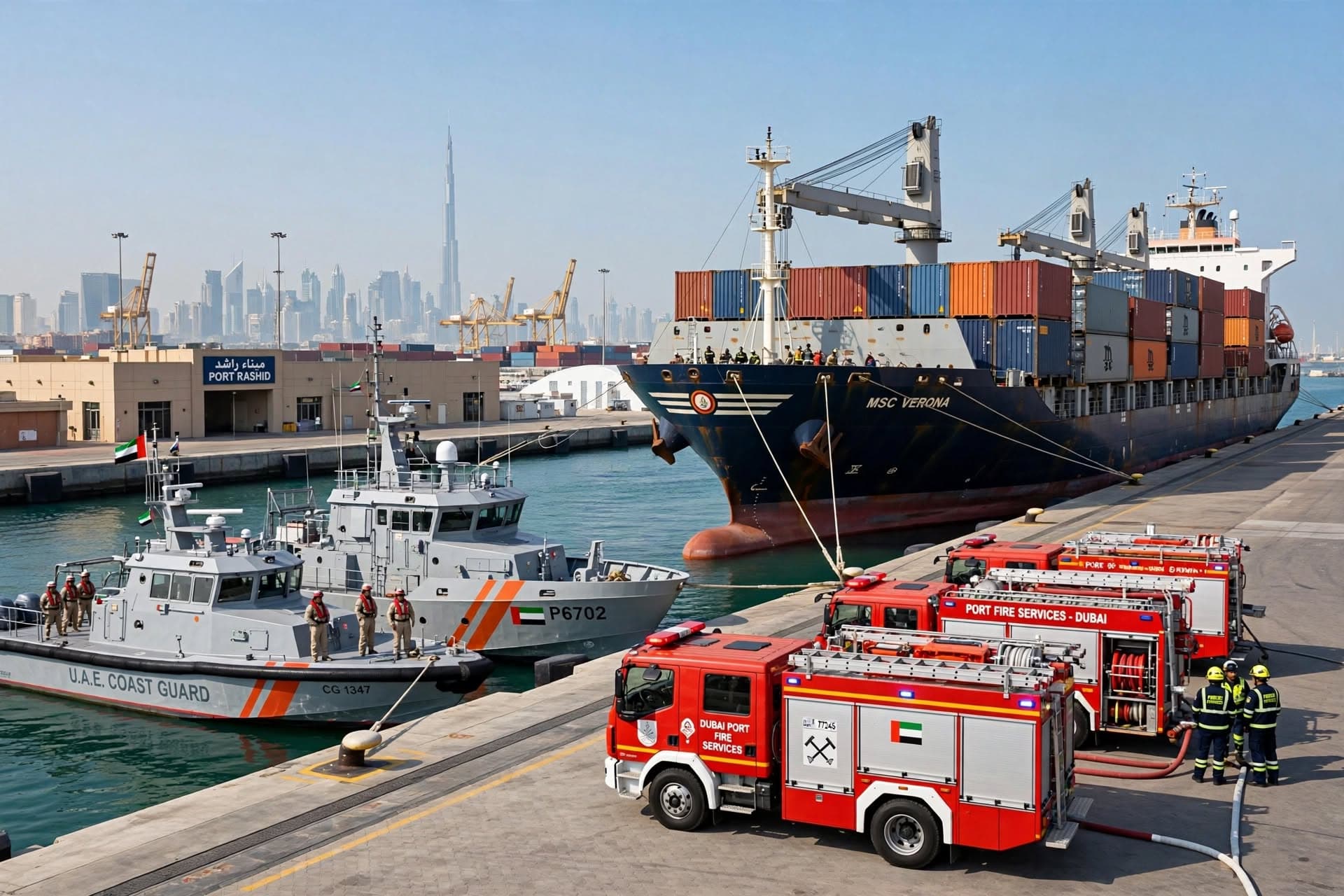 Port Rashid Operational Hazard: Fire Inside Commercial Vessel Engine Room Injures One Crew Member