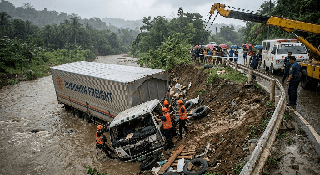 Plunge in the Storm: Trailer Truck Crashes into Bukidnon Creek Amid Heavy Rains, 3 Injured