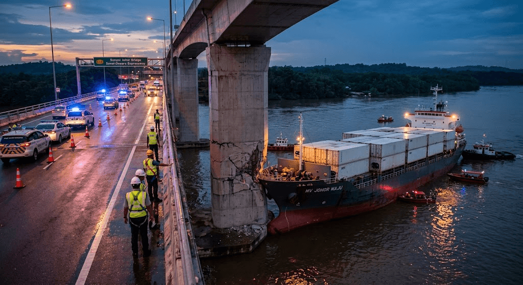 Cargo Ship Collides with Sungai Johor Bridge, Triggering Immediate Safety Inspections