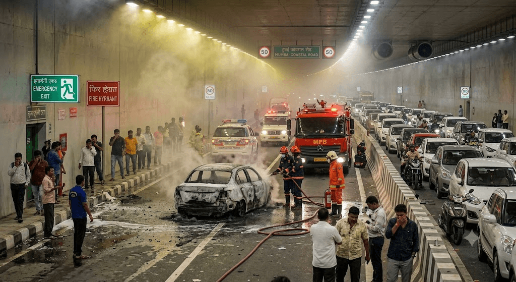 Chaos Underground: Car Bursts into Flames Inside Mumbai Coastal Road Tunnel