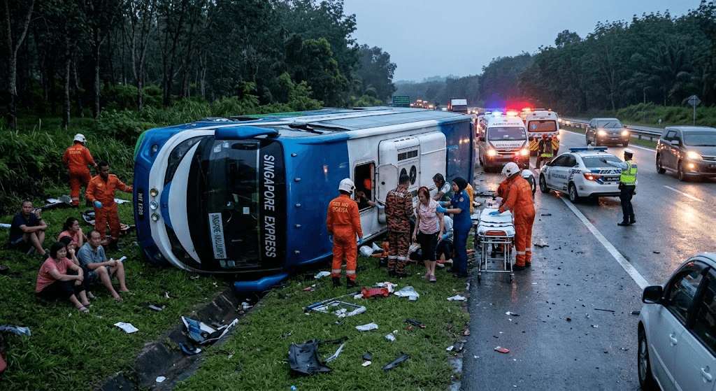 Singaporean Injured After Tour Bus Overturns Near Melaka