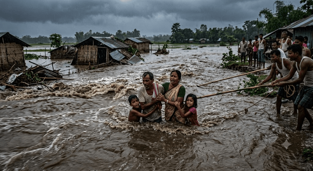 Tragedy in Assam: Four Family Members Swept Away by Raging Floodwaters in Charaideo