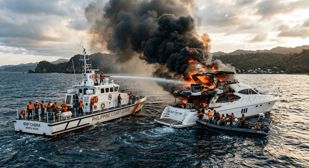Blaze at Sea: Philippine Coast Guard Races to Rescue Passengers from Burning Motor Yacht