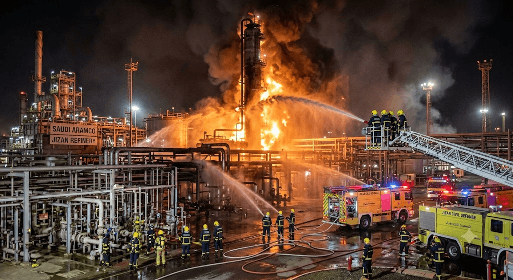 Firefighters Battle and Subdue Inferno at Saudi Aramco’s Jizan Facility