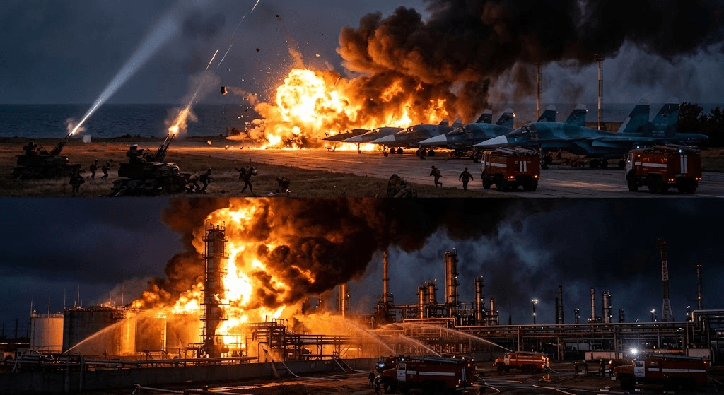 Drones Strike Russian Targets: Massive Fires at Strategic Airfield and Major Oil Refinery