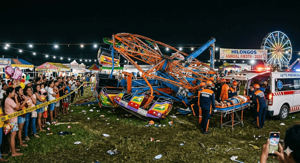 Fiesta Turns to Chaos: 10 Injured After Amusement Park Ride Collapses in Leyte