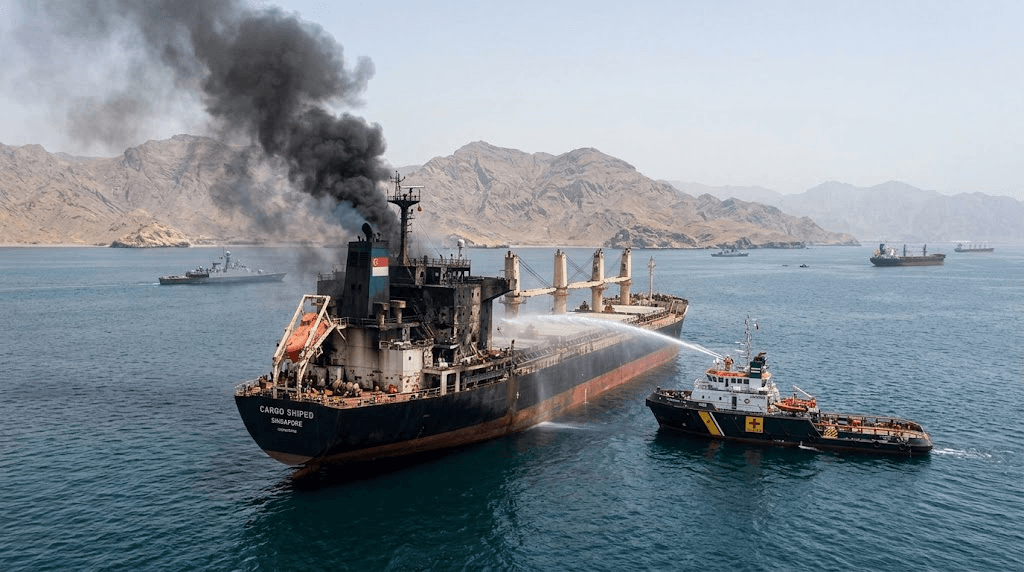 Strait of Hormuz Escalation: Two Singapore-Flagged Cargo Ships Struck, One Sinks in Maritime Attack