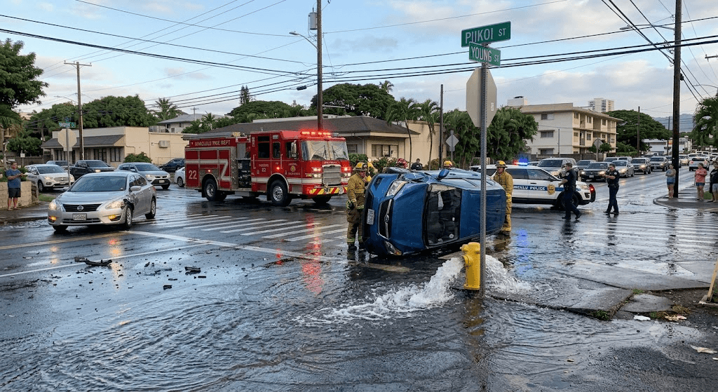 Rollover Wreck Floods Makiki Intersection After Two-Car Crash Near Piikoi and Young