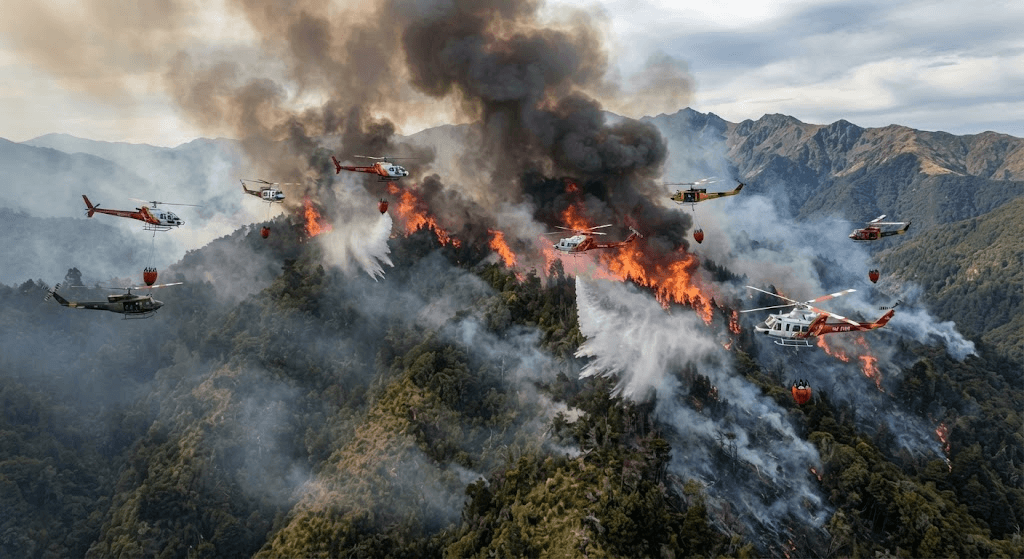 7 Helicopters Battle Fierce Wildfire in Takitimu Forest Near Mossburn