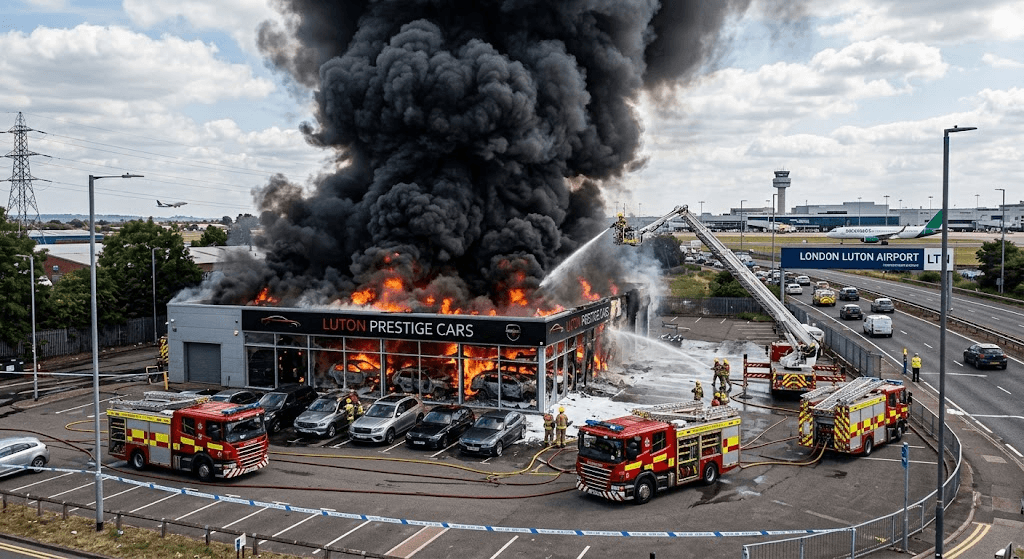 Emergency Alert: Massive Fire at Car Showroom Near Luton Airport Sends Huge Smoke Plume Into Sky
