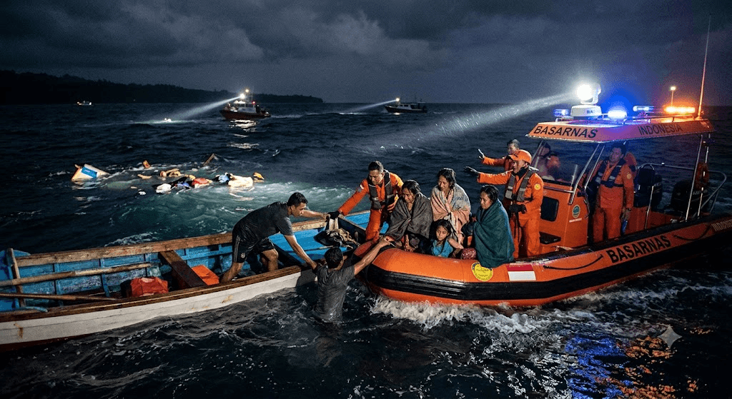 Race Against Time: 5 Rescued, At Least 20 Missing After Boat Sinks in Treacherous Indonesian Waters