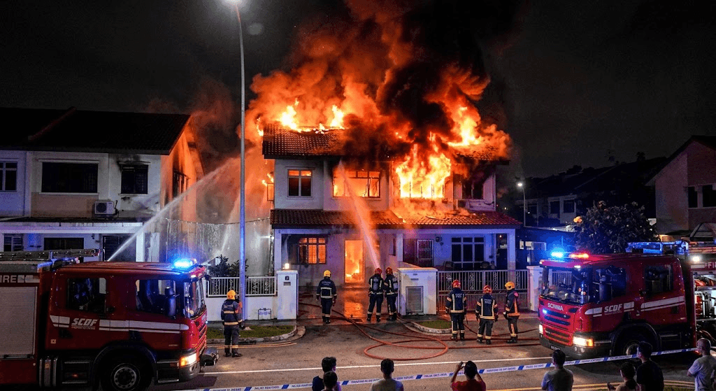 Blaze Engulfs Hougang Semi-Detached House as Firefighters Battle Flames
