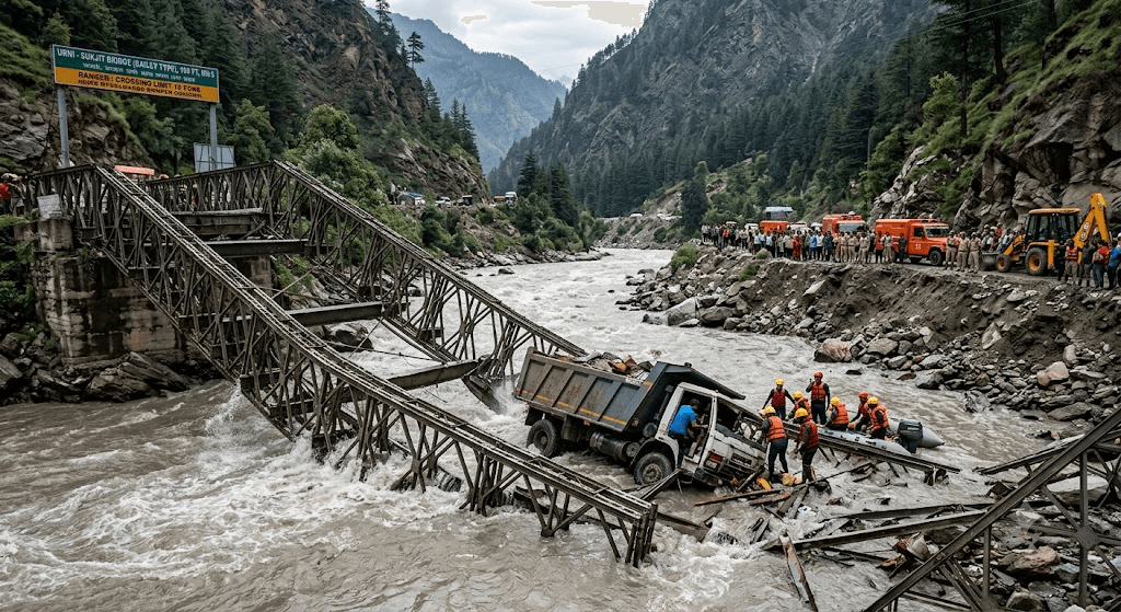 Bridge Collapse Chaos: Iron Structure Snaps Under Heavy Dumper in Himachal’s Kinnaur