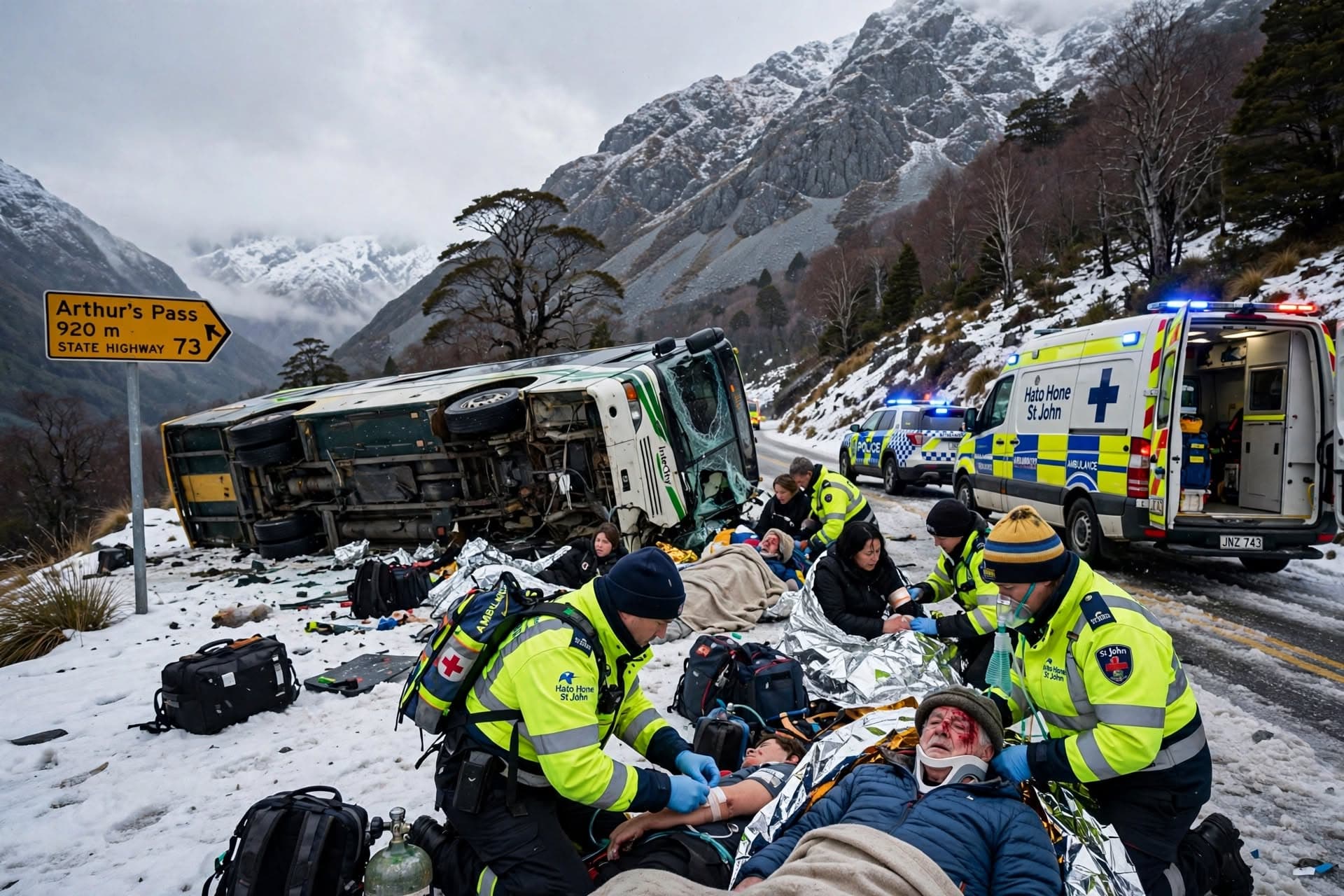 Eleven Passengers Injured After Bus Rolls On Icy Mountain Road In New Zealand South Island