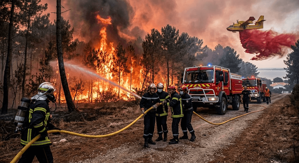 Wildfire Crisis: French Firefighters Battle Raging Inferno Near Arcachon Bay