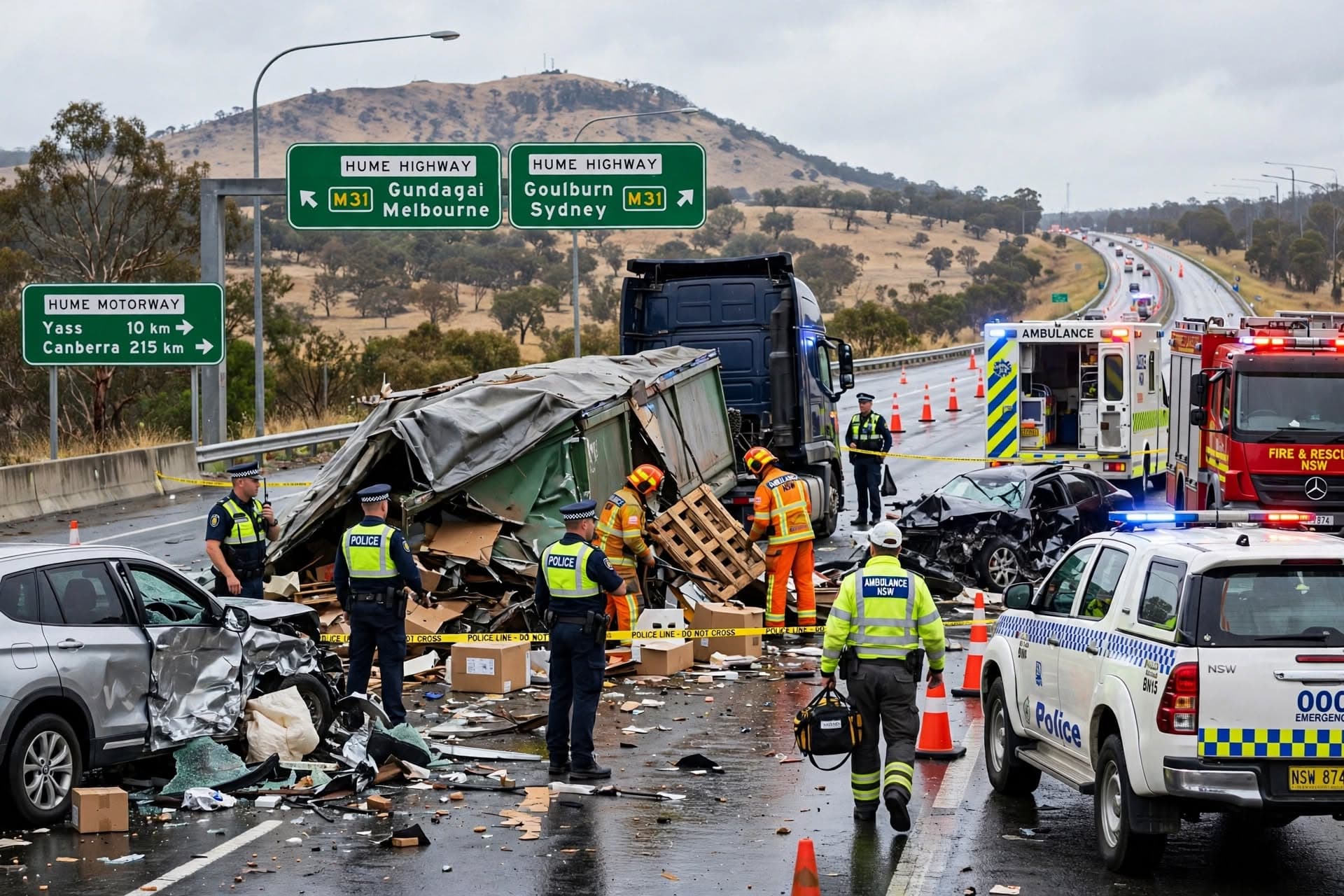 Hume Motorway Multi-Vehicle Crash Kills Two, Five Injured, Lanes Closed, Police Investigate Wreckage