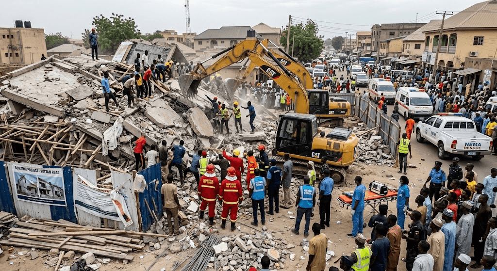 Tragedy in Kano: Four Trapped After Two-Storey Building Collapses on Sultam Road