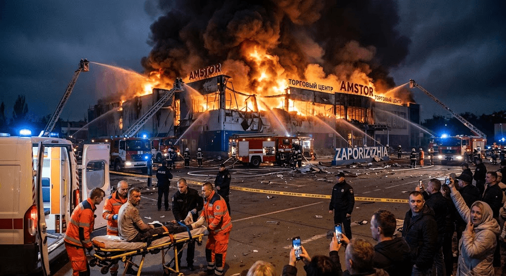 Russian Overnight Attack Ignites Massive Shopping Center Fire in Zaporizhzhia, Two Injured