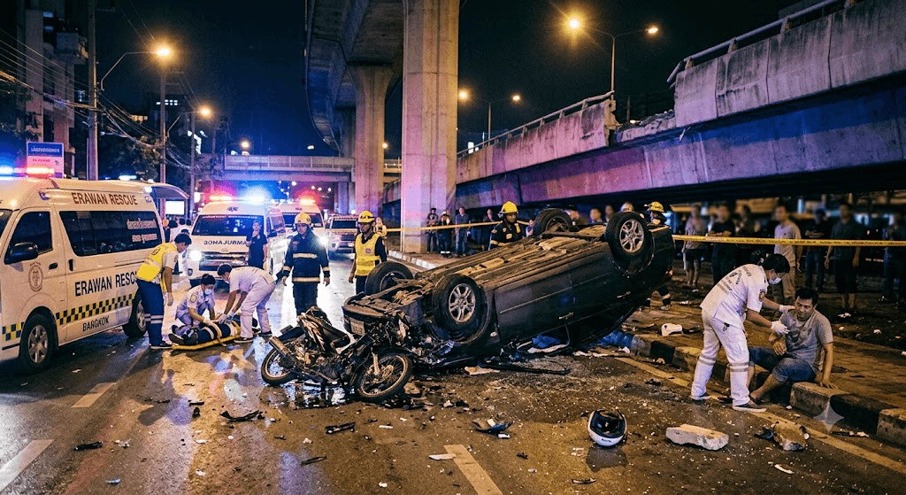 Plunge from Above: Car Falls Off Bangkok Expressway onto Motorcycle, Injuring Two