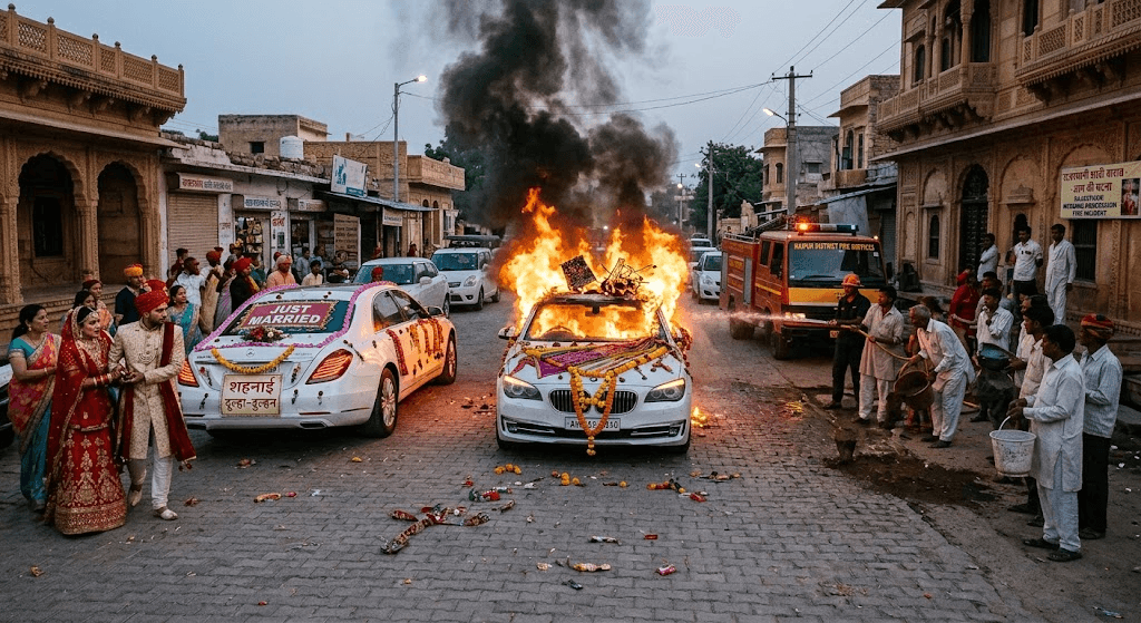 Shocking Wedding Blunder: Car Burst into Flames After Firecrackers Detonate on Roof in Rajasthan