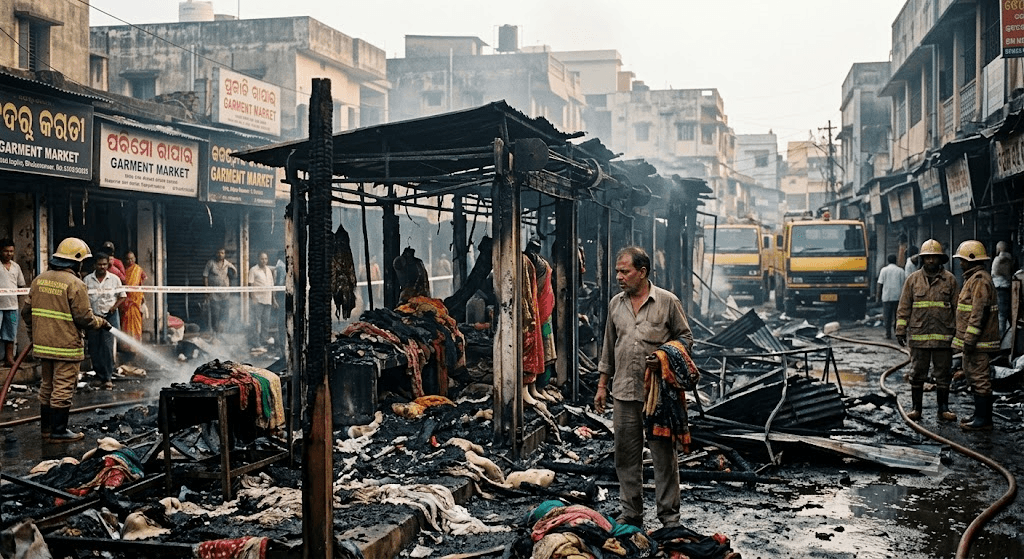 Inferno in Bhubaneswar: Massive Market Fire Devastates 15 Garment Shops