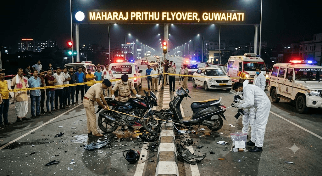 Midnight Horror on Guwahati Flyover: Head-On Crash Leaves One Dead, Another Critically Injured