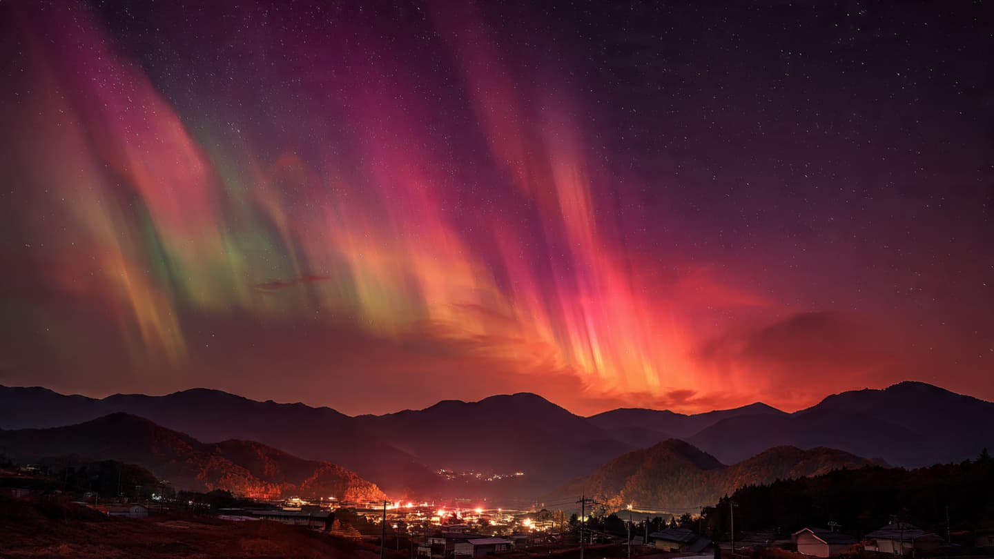 Crimson Lights Drifted Quietly Across Japan’s Night Sky