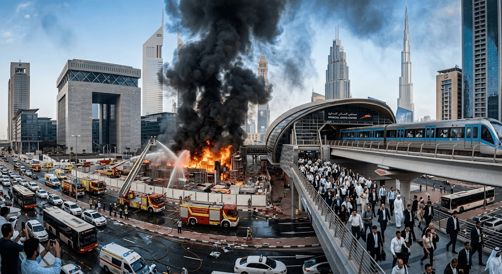 Chaos in the Financial District: Fierce Fire Erupts Near Dubai’s Main Metro Station