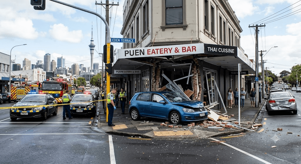 Extensive Damage After Vehicle Crashes Through Central Auckland Building
