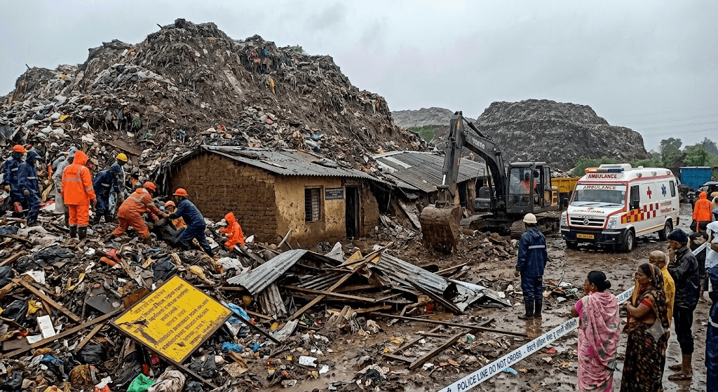 Tragedy in Western India: 9 Dead as Massive Garbage Heap Collapses on Office Building