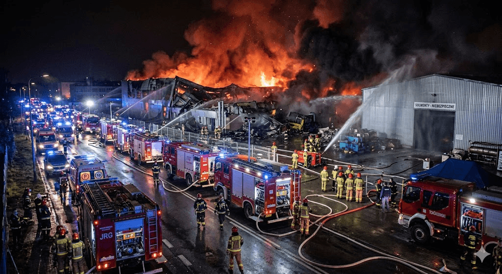 Poland on Alert: Massive Industrial Complex Engulfed in Flames; 200 Responders on Scene