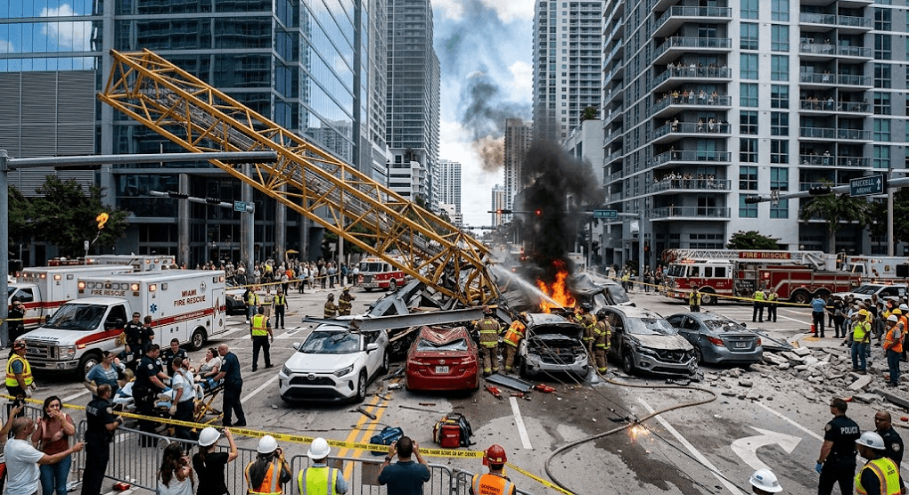 Disaster in Brickell: 85-Foot Construction Crane Collapses into Miami Street, Crushing Cars and Igniting Fire