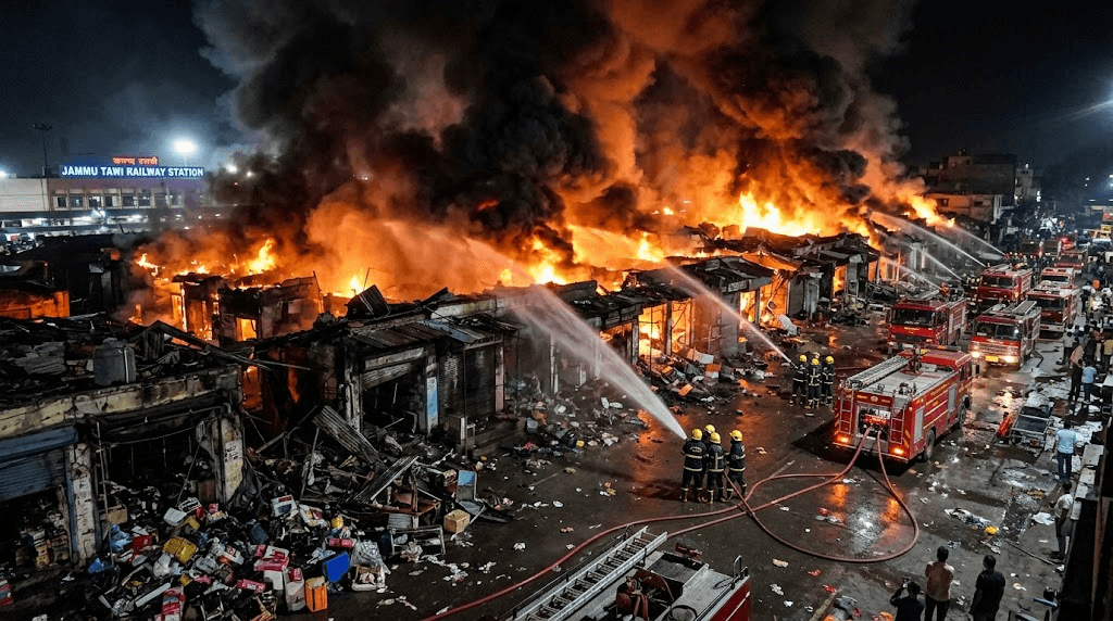 Devastating Blaze in Jammu: Massive Fire Engulfs Shiv Market Near Railway Station