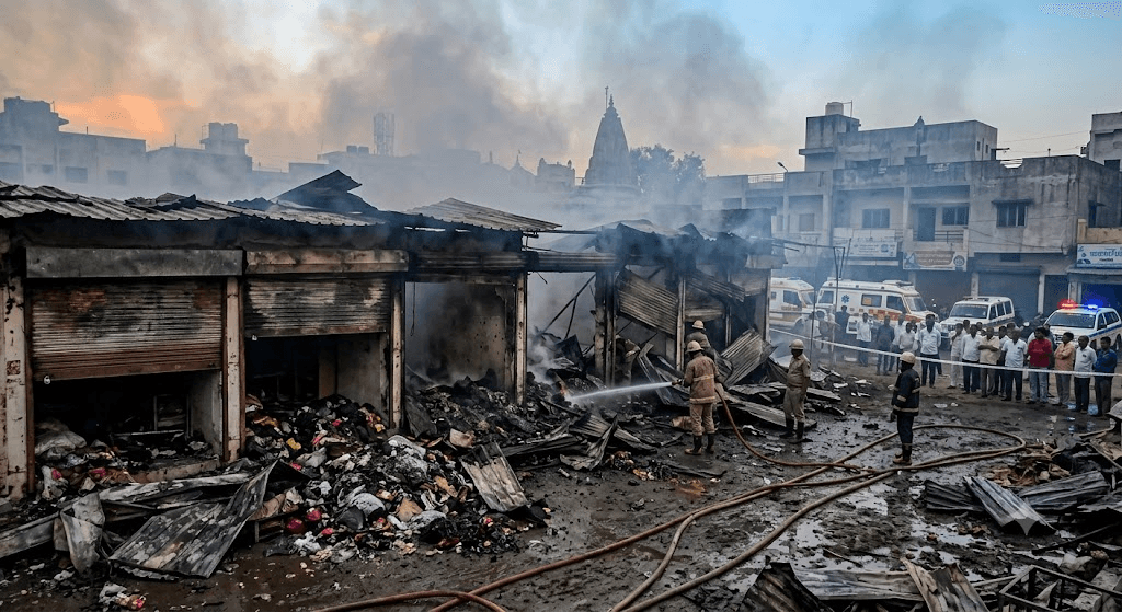 Dawn Disaster: Massive Fire Guts Four Shops in Maharashtra's Washim Early Sunday Morning