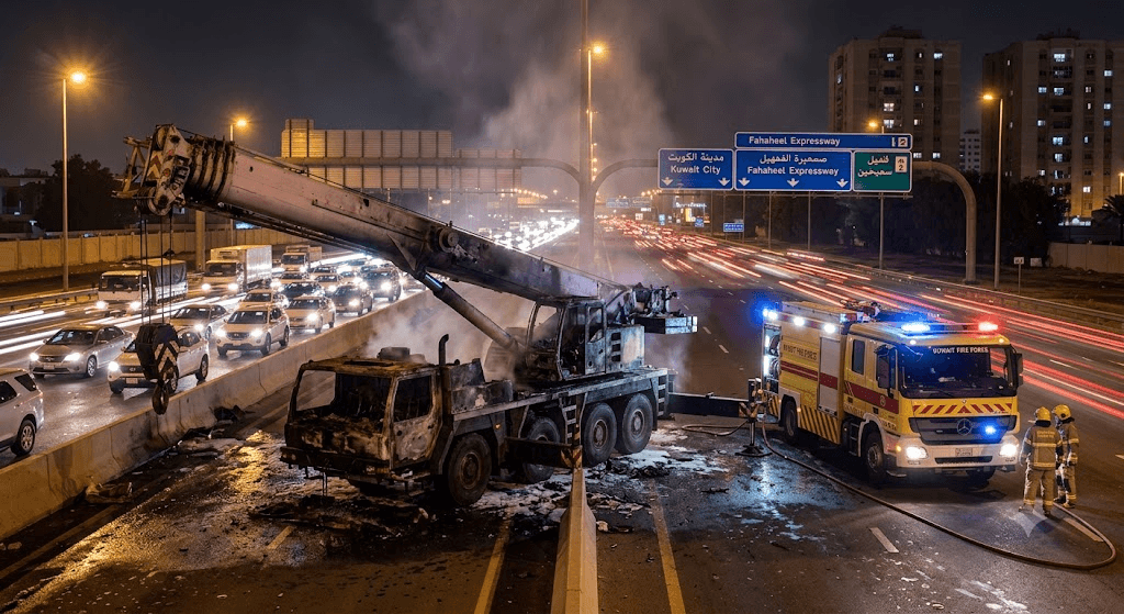 Flames on the Freeway: Massive Crane Fire Shuts Down Fahaheel Expressway
