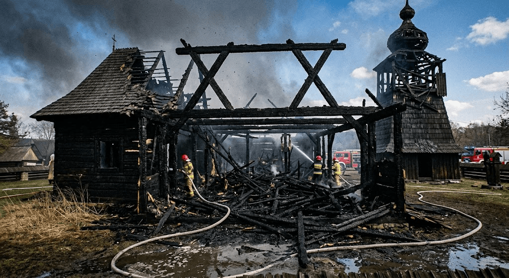 Tragedy in Poland: Fire Destroys Priceless 17th-Century Wooden Church at Heritage Museum
