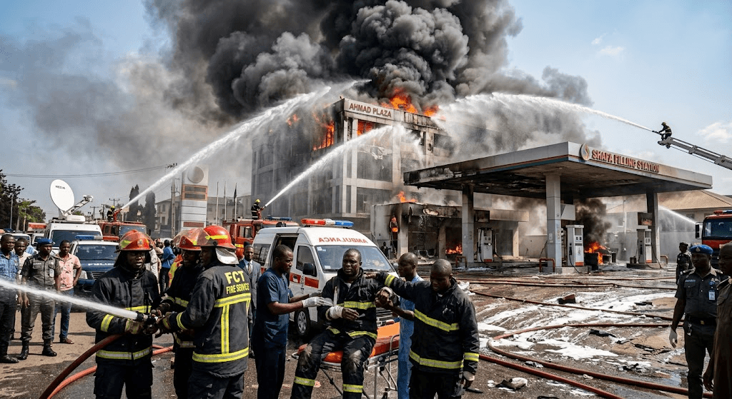 Inferno in Abuja: 3 Firefighters Critically Injured Battling Raging Filling Station Blaze in Garki