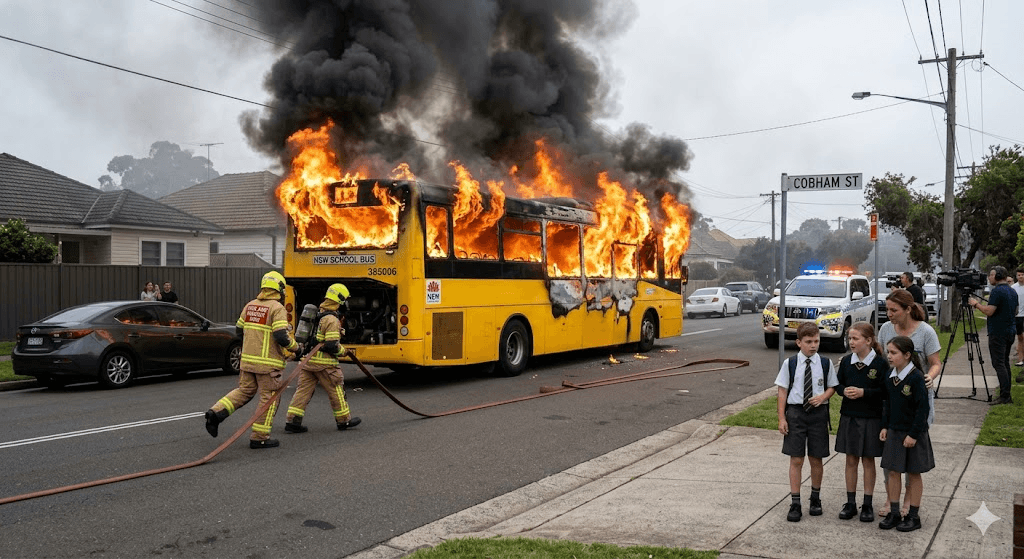 Narrow Escape: School Bus Erupts in Flames in Kings Park, Forcing Three Children to Flee