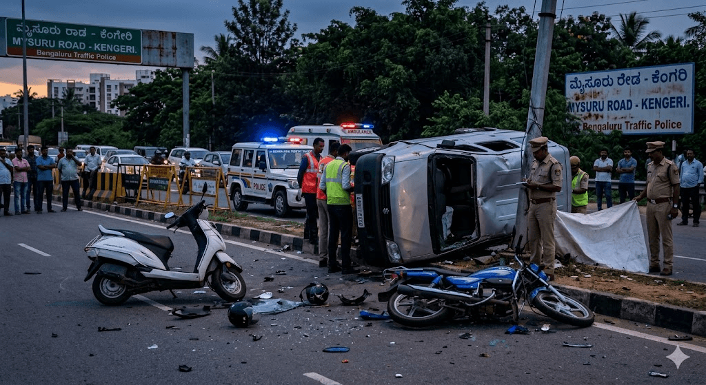 Tragedy on Mysuru Road: 1 Dead, 3 Injured After Car Plows into Motorcycles Near Kengeri