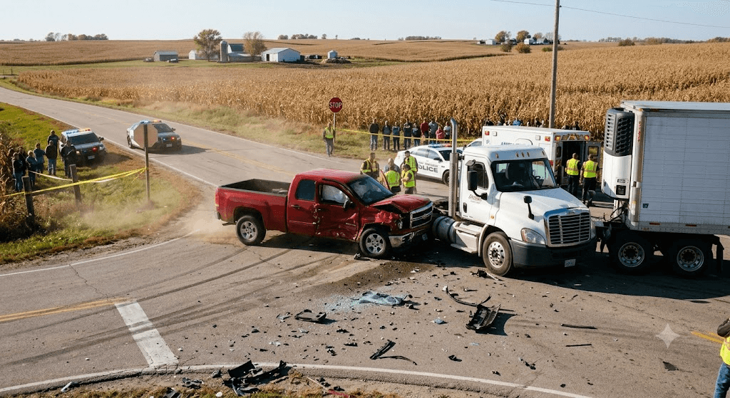 Iowa Midnight Smash: Pickup Runs Stop Sign and Plows Straight Into Tractor-Trailer