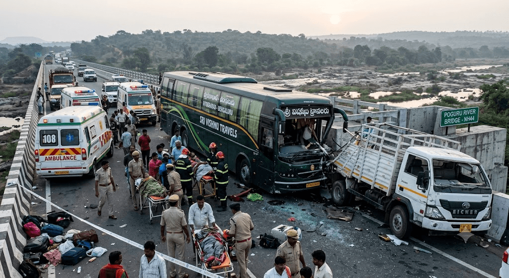 Horrific Bridge Crash: Over 40 Injured as Private Bus Collides and Crashes on Hyderabad–Bengaluru Highway