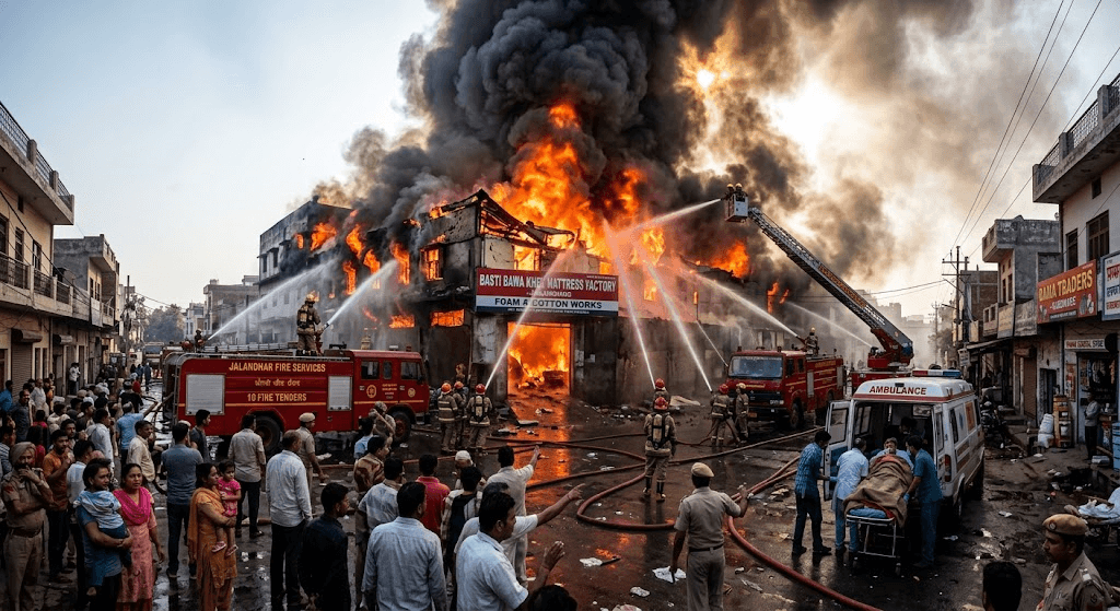 Fiery Blaze Engulfs Mattress Factory in Jalandhar’s Basti Bawa Khel