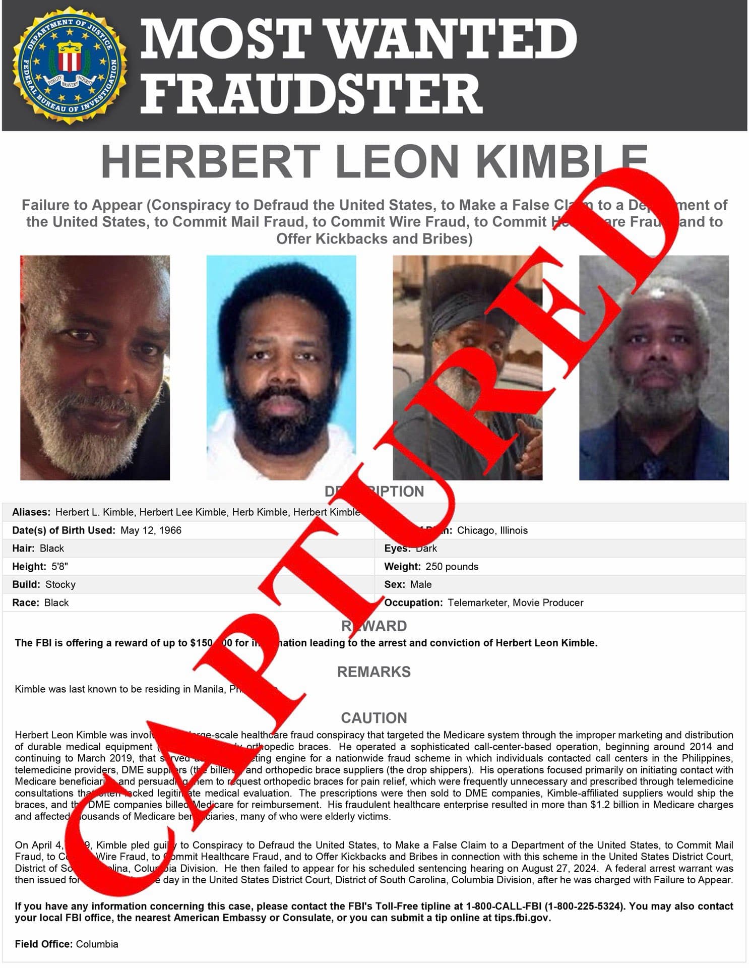 FBI Announces Capture of Most-Wanted Fraud Suspect Herbert Leon Kimble