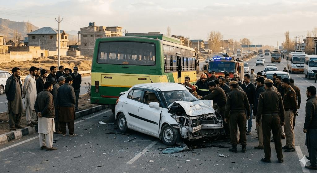 Tragedy near Srinagar: One Dead, Another Injured After Car Rams Into Bus Near Lasjan