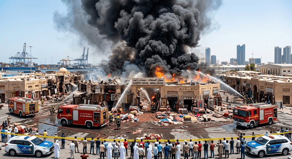 Chaos in Abu Dhabi: Massive Fire Sweeps Through Historic Mina Zayed Carpet Market