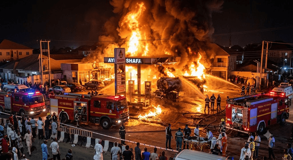 Firestorm in Garki Area III: Petrol Tanker Blast at AYM Shafa Station Spreads to Surrounding Buildings