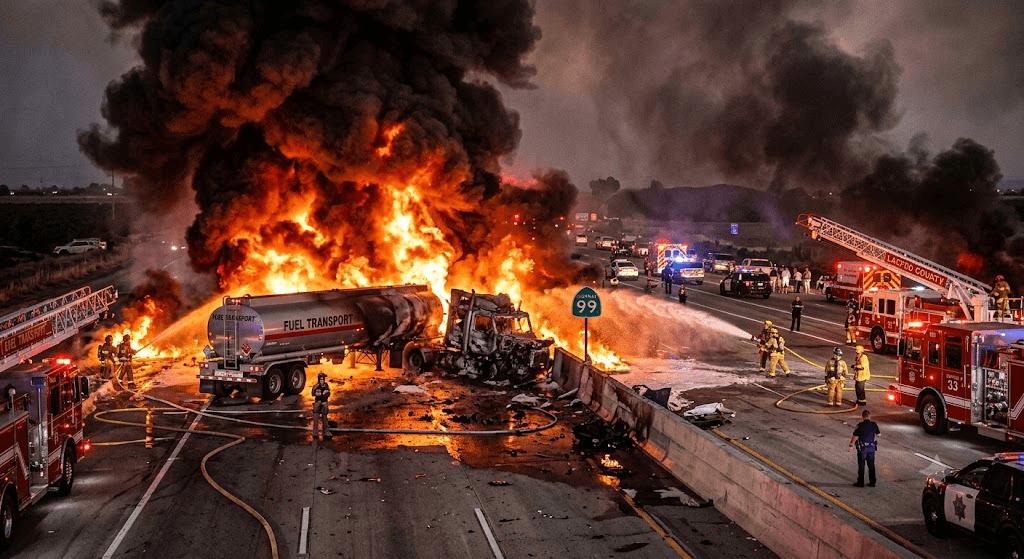 Fiery Explosion on Highway 99: 8,600-Gallon Fuel Tanker Bursts Into Flames After Unsafe Lane Change