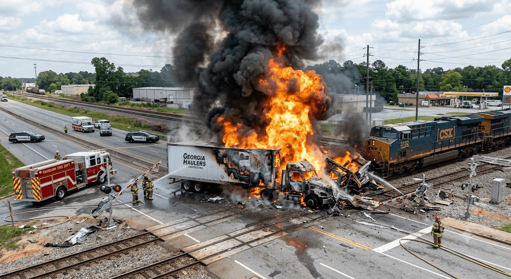Fiery Crash in Fairburn: 18-Wheeler Explodes into Flames After Being Struck by Train